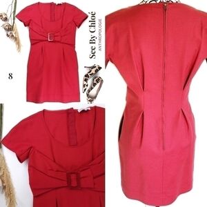 See By Chloe Anthropologie Thick Red Pleated Stretch Scoop Neck Dress Sz…